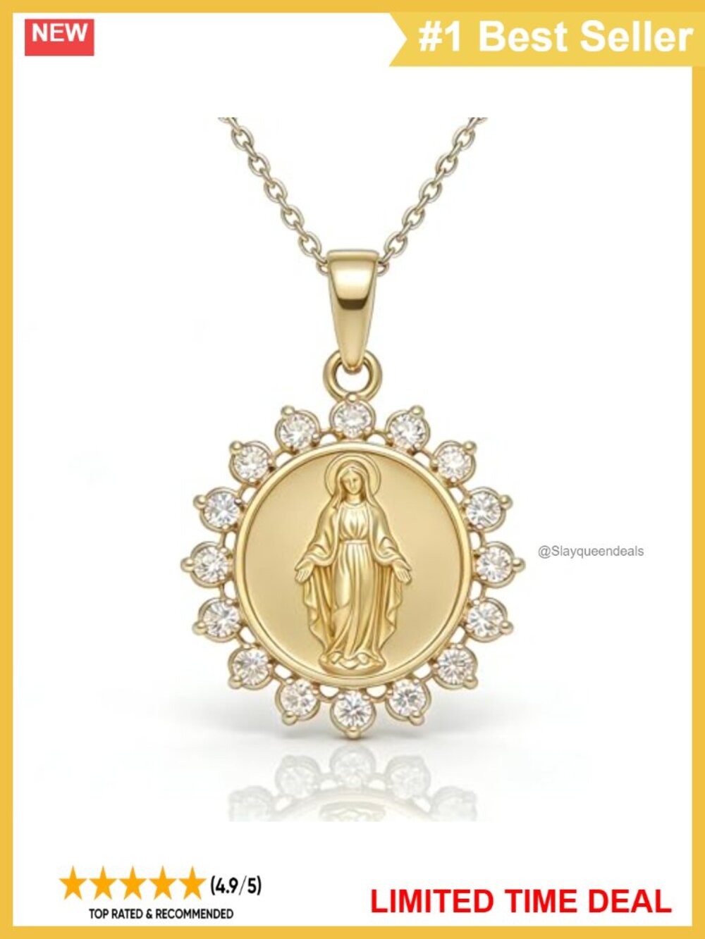 925 Sterling Silver Virgin Mary Necklace 18K Gold Plated Pendant Catholic